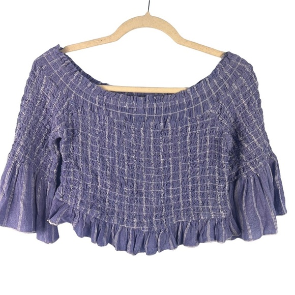 Free People Smock Around Striped Top Off Shoulder Cropped Ruffle Size M Blue - Picture 2 of 8